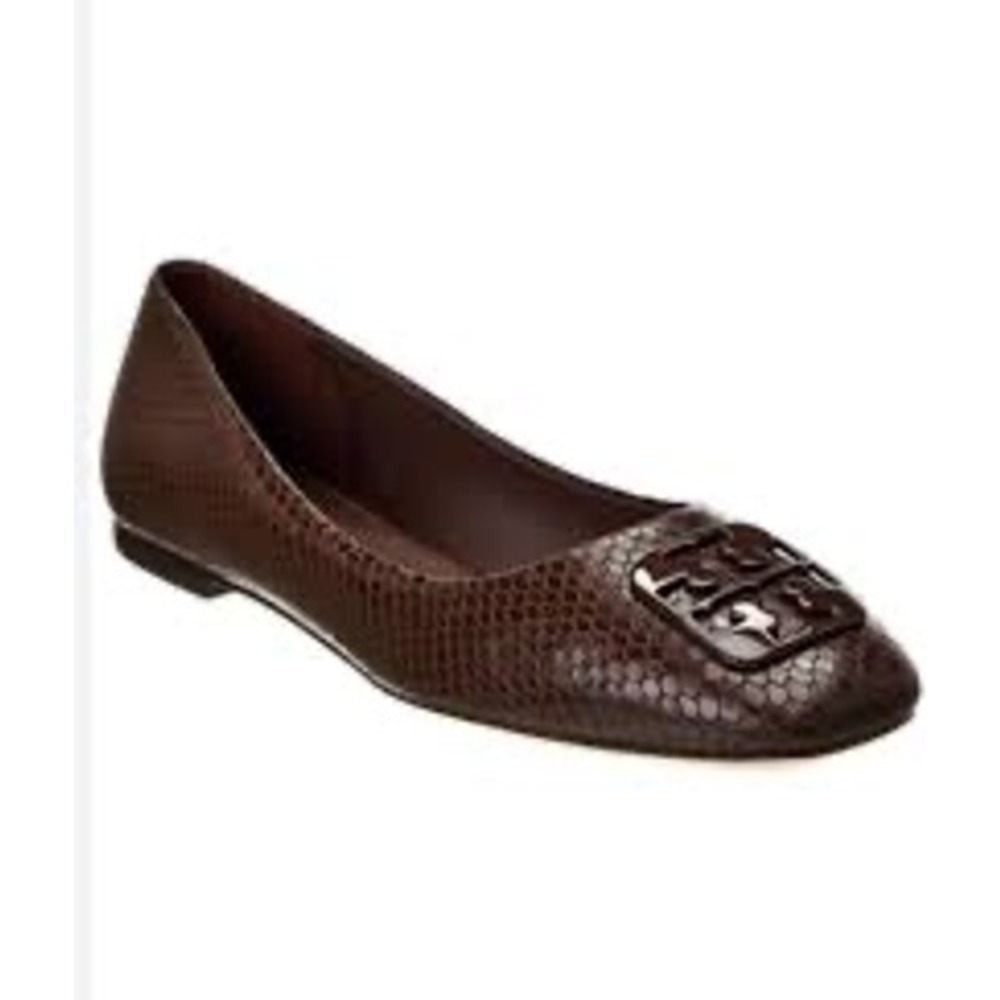 Tory Burch Georgia Brown Snake Embossed Leather Square Toe Ballet‎ Flats 5M EUC